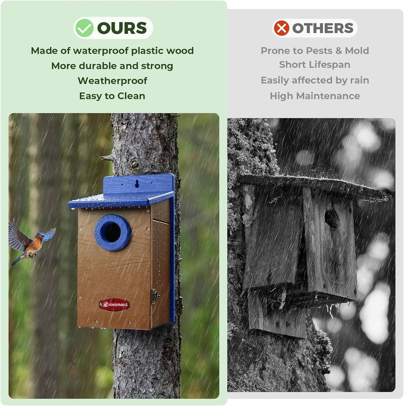Kingsyard Recycled Plastic Bird House for Outdoor - Durable Nesting Box with Clear View Panel & Predator Guard for Bluebird Wren Swallow Finch, Blue & Brown - Image 3